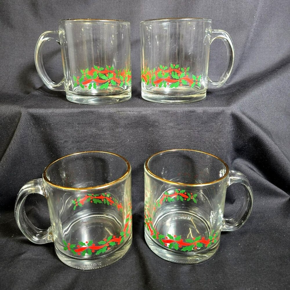 Libbey Holly Berry Christmas Glass Mugs Gold Rim Set of 4 Vintage Holiday Cups